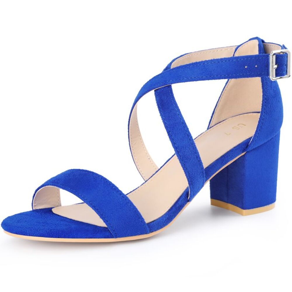 Allegra K Cobalt Blue Suede Crisscross Block Heel Sandals